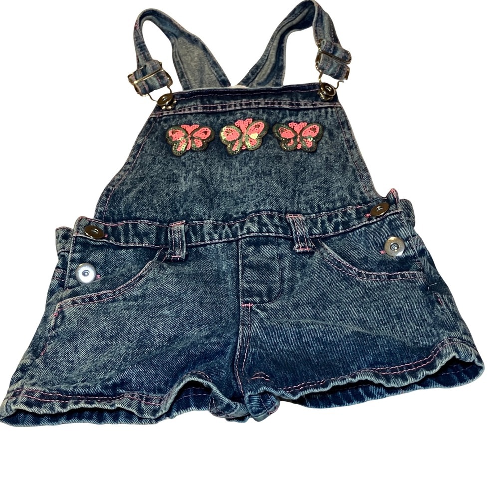 Girls Size 4T Acid Wash Denim Butterfly Sequin Shortalls Pink Stitching Size 4